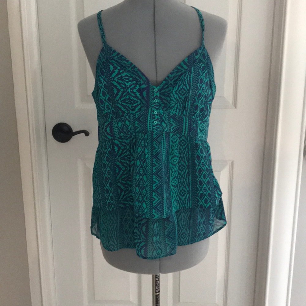 Green and blue vneck ruffled tank top